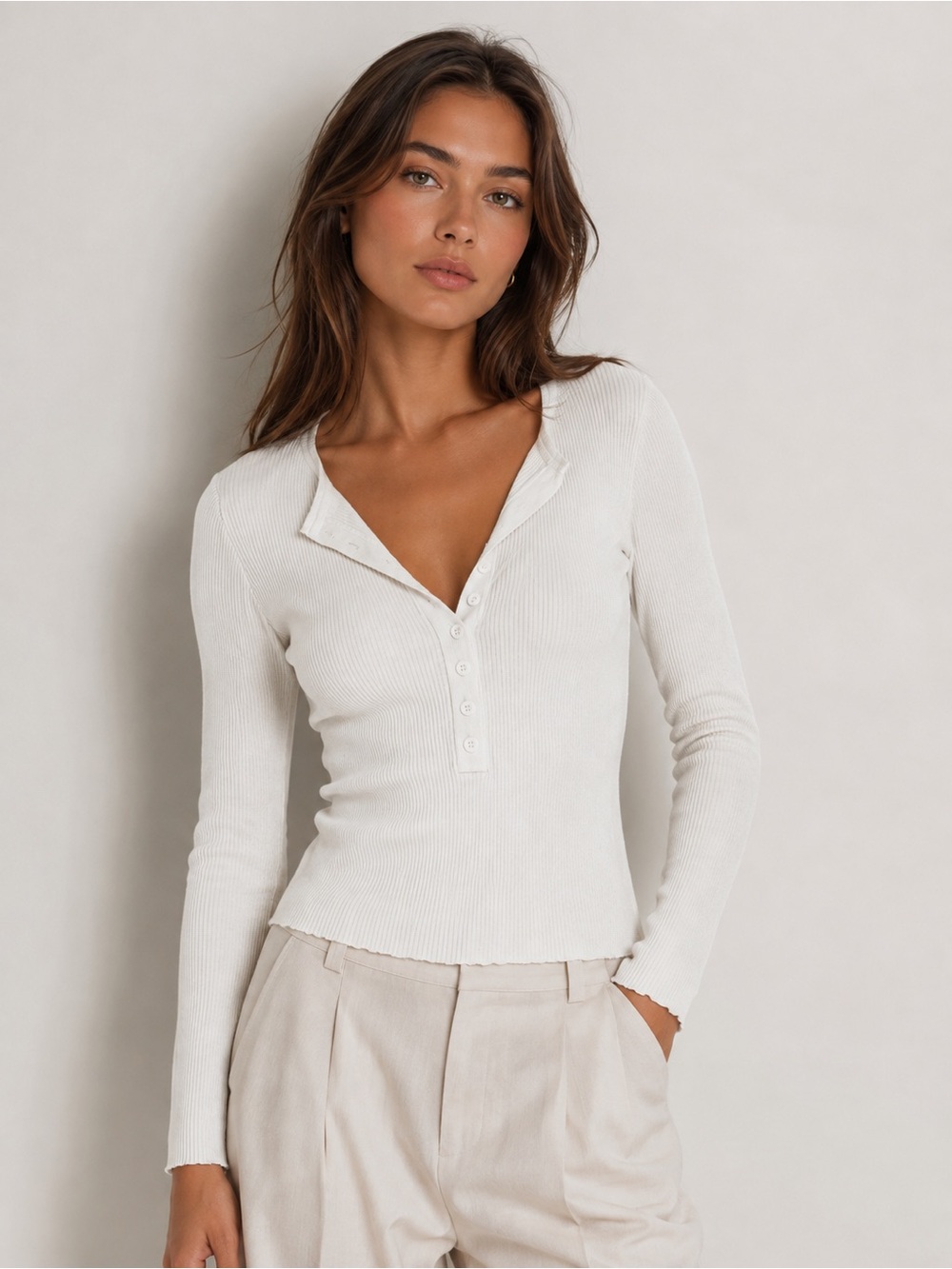 SNDYS NWOT Revolve Ribbed Henley Long-Sleeve Top - White